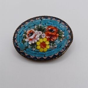 Micro Mosaic Blue, Yellow, and Red Floral Brooch